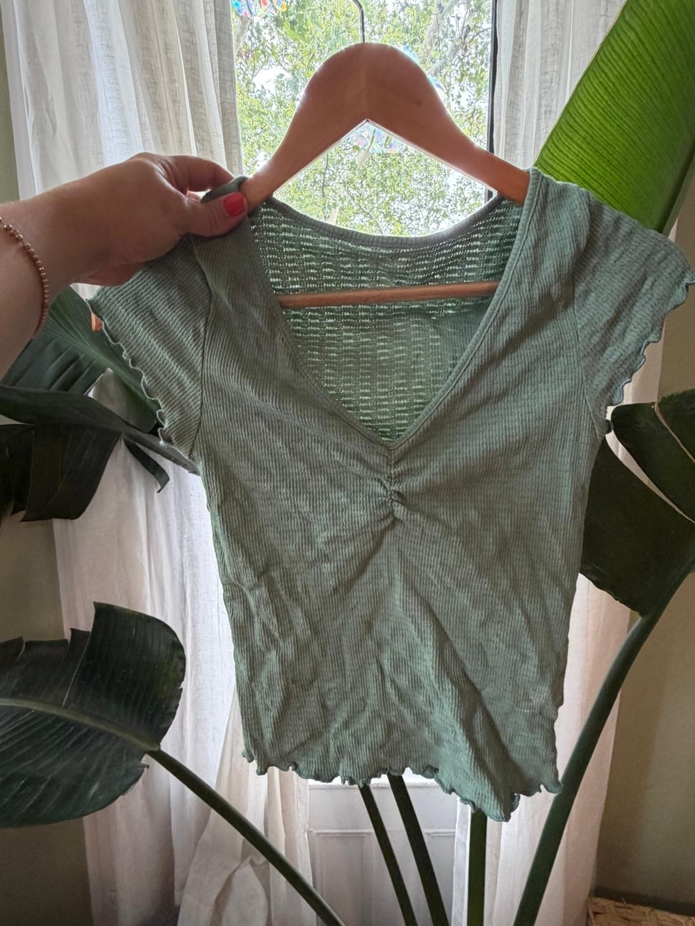 Aerie V-Neck Ruffle Edge Ribbed Top in Sage Green